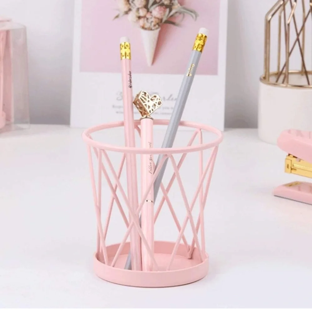 Pink Metal Geometric Makeup Brush Holder Organizer